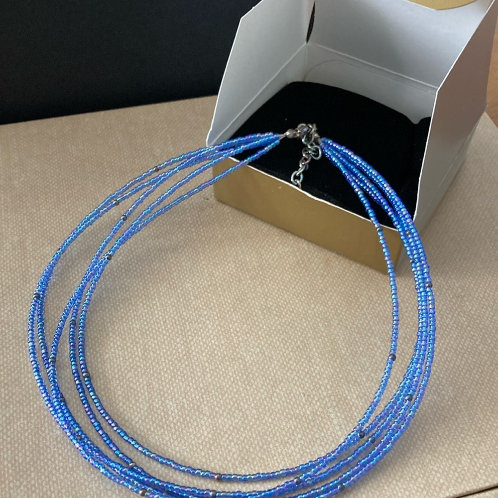 Vintage Avon 90s Blue Seed Bead 5-Strand Layered Choker Necklace NIB